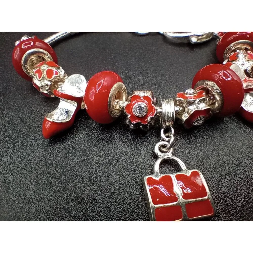 Charm Bracelet Beads Rhinestone Silver Tone Snake Chain Red Statement Jewelry - Picture 5 of 13